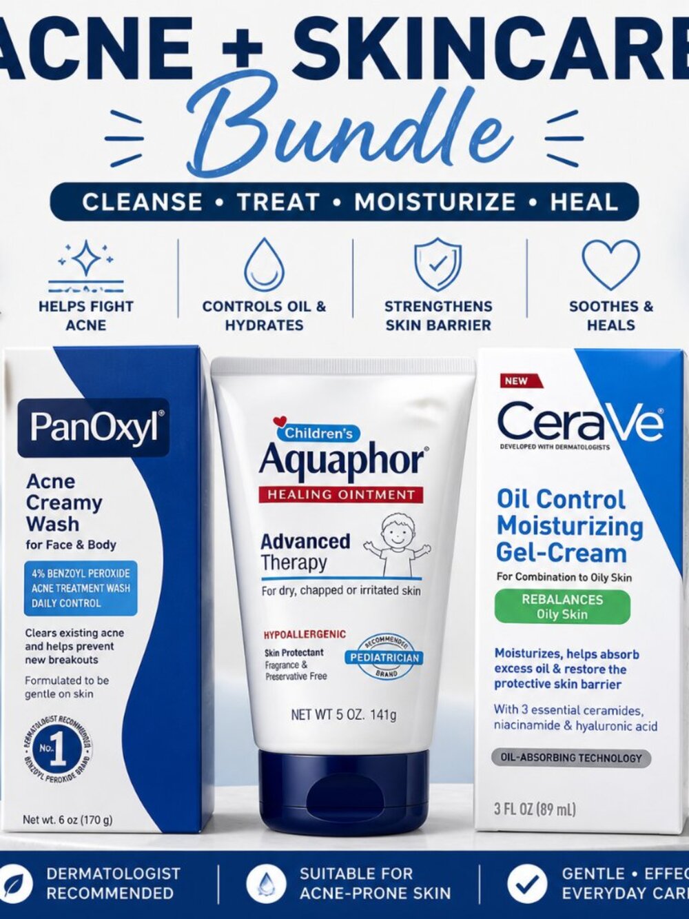 Acne Skincare Bundle CeraVe PanOxyl Aquaphor New